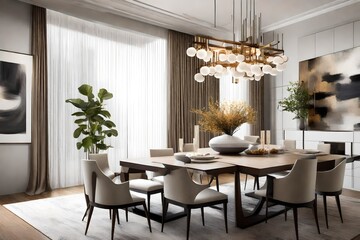 A sophisticated dining room with a modern chandelier, sleek dining table, and artfully arranged decor.