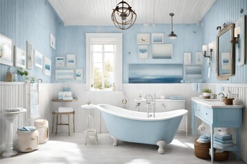Fototapeta na wymiar A coastal-inspired washroom with nautical decor, light blue accents, and a freestanding tub, capturing the serene and relaxed vibe of a seaside retreat.