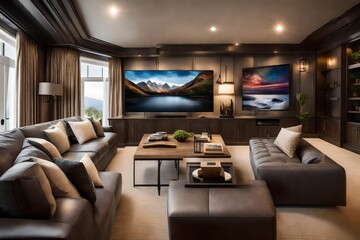 A tech-savvy entertainment room with a large flat-screen TV, surround sound system, and comfortable seating for the ultimate movie night.