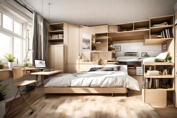 A studio apartment cleverly designed with multifunctional furniture to maximize space and efficiency.