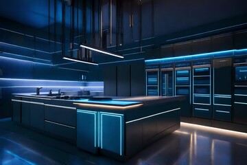 A futuristic kitchen with state-of-the-art appliances, illuminated by under-cabinet LED lights, creating a sleek and efficient space.