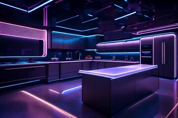 A futuristic kitchen with state-of-the-art appliances, illuminated by under-cabinet LED lights, creating a sleek and efficient space.