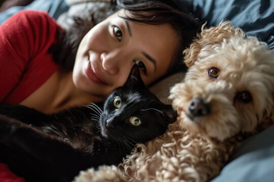 Lovingly surrounded: A woman smiles while holding her black cat and being embraced by her curly-haired dog in a cozy home environment - Powered by Adobe