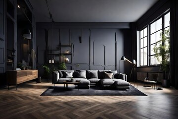 luxury studio apartment with a free layout in a loft style in dark colors. Stylish modern room area with wooden floor parquet