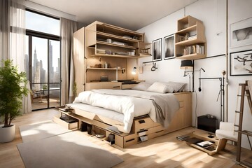 A studio apartment cleverly designed with multifunctional furniture to maximize space and efficiency.