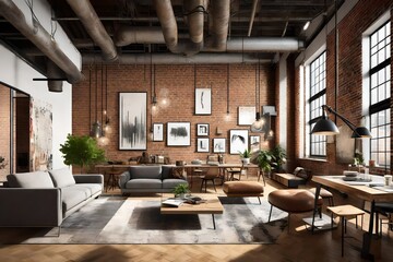 An urban loft apartment featuring  brick walls, industrial lighting, and contemporary artwork.