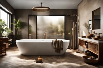 Fototapeta na wymiar A spa-inspired bathroom with a freestanding bathtub, rain shower, and earthy tones for a serene and luxurious feel.