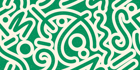 Seamless geometric pattern with lines with bold stroke. Minimalist retro style texture with grainy effect. 80s style geometric collage. Simple vector pattern. Circles, waves, curves