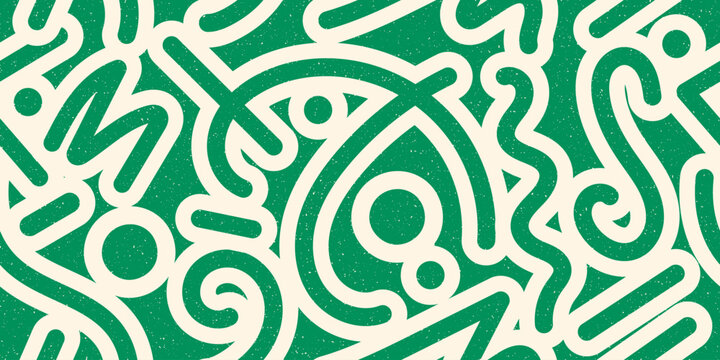 Seamless geometric pattern with lines with bold stroke. Minimalist retro style texture with grainy effect. 80s style geometric collage. Simple vector pattern. Circles, waves, curves