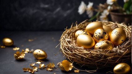 Beautiful golden Easter eggs on an old dark background