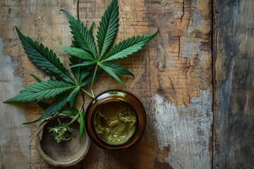 Fototapeta na wymiar An image displays two cannabis leaves beside an open jar of greenish-brown substance, possibly cannabis-based ointment, on a wood-textured background