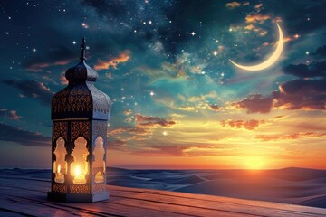 An ornate Arabic lantern's warm light on a reflective surface, beneath a crescent moon and stars, conjures a serene Ramadan ambiance