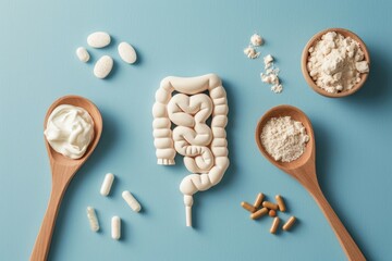Stylized intestine model on blue backdrop signifies digestive health. Three spoons with yogurt, capsules, and powder symbolize probiotics and gut well-being