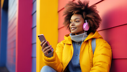 Young adults smiling, listening to music with wireless headphones outdoors generated by AI - obrazy, fototapety, plakaty