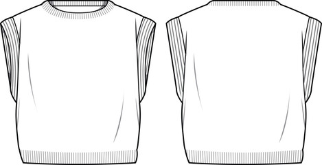 Women's Crop Knit Vest- Vest technical fashion illustration. Flat apparel vest template front and back, white colour. Unisex CAD mock-up. - obrazy, fototapety, plakaty