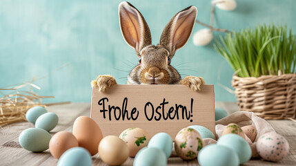 Osterhase hält ein Schild mit Schriftzug frohe Ostern hoch.
