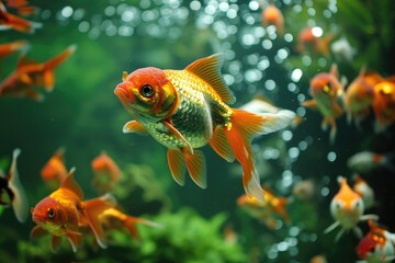 A bustling aquarium scene filled with a multitude of goldfish showcasing their various sizes and lively movements. Bubbles in the background indicate well-aerated water