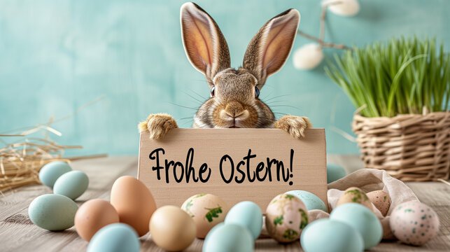 Osterhase h&auml;lt ein Schild mit Schriftzug frohe Ostern hoch.