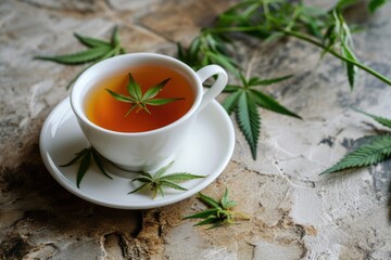 An enigmatic composition unfolds in this photo, featuring a teacup placed on a white saucer, where a cannabis leaf serenely floats. Surrounded by scattered cannabis leaves