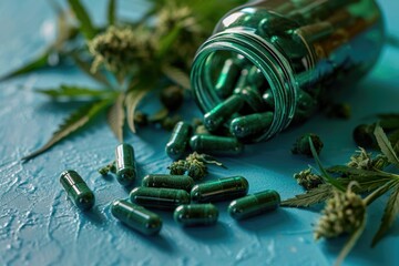 A glass jar tipped over spilling green cannabis capsules onto a blue surface, surrounded by marijuana leaves. - Powered by Adobe