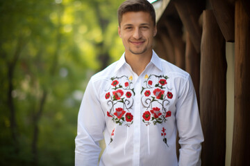 Caucasian man in traditional clothes, embroidered national shirt