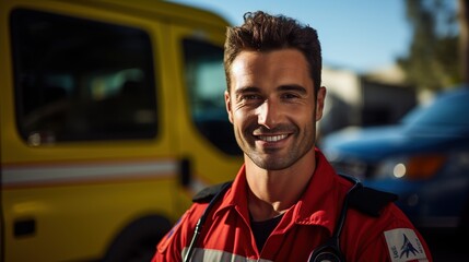 portrait of a smiling male paramedic in front of an ambulance - obrazy, fototapety, plakaty
