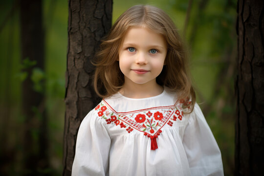 Caucasian girl in traditional clothes, embroidered national shirt