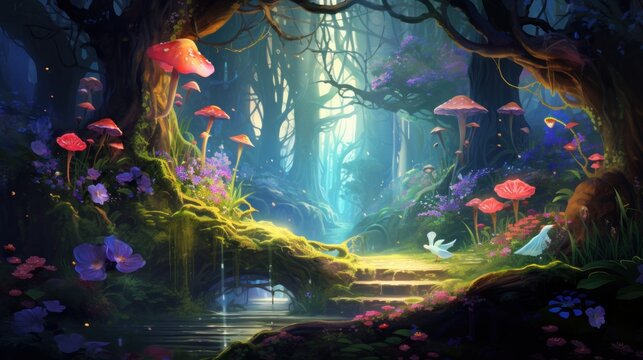 Enchanted forest scene with magical mushrooms and wildlife. Fantasy landscape.