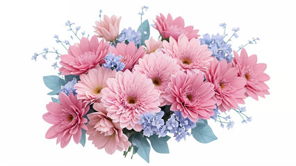 bouquet of pink flowers with blue and white flowers