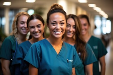 Fototapeta premium Happy multiethnic group of female nurses in blue scrubs