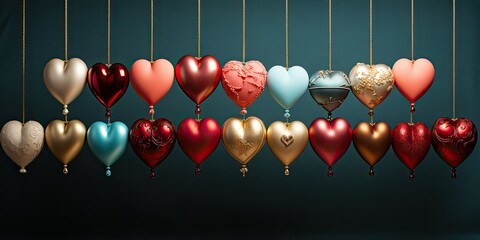 hearts, suspended elegantly, may vary in size and color, adding a whimsical touch to the composition.  - obrazy, fototapety, plakaty