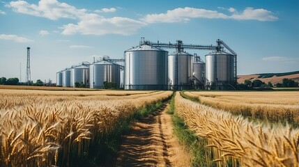 Cereal storage silos in a wheat field - obrazy, fototapety, plakaty