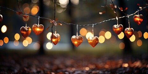 interplay of hanging hearts and bokeh lights creates a visually stunning backdrop that is perfect for expressing romantic sentiments on this special day. - obrazy, fototapety, plakaty