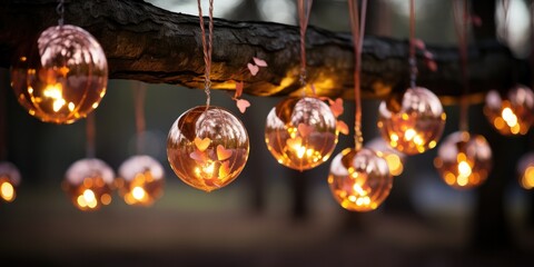 interplay of hanging hearts and bokeh lights creates a visually stunning backdrop that is perfect for expressing romantic sentiments on this special day.  - obrazy, fototapety, plakaty