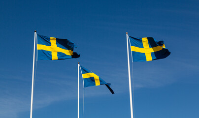 National symbol: three flags soaring under the clear sky