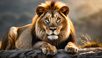 A lion is lying on the ground with its front paws on the jungle.
