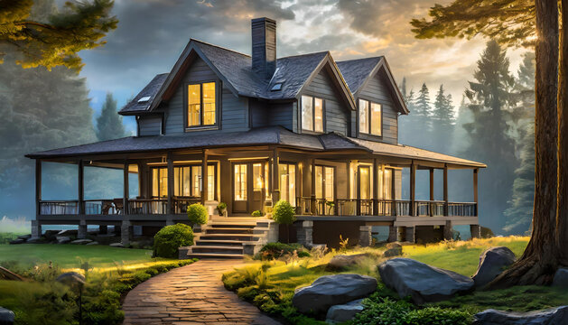 A gray ranch-style model house, farmhouse on meadow hill.
