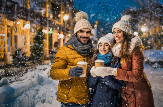 Familia disfrutando de una taza de caf&eacute; mientras cae nieve a su alrededor. Estan abrigados con gorras y bufandas de lana
