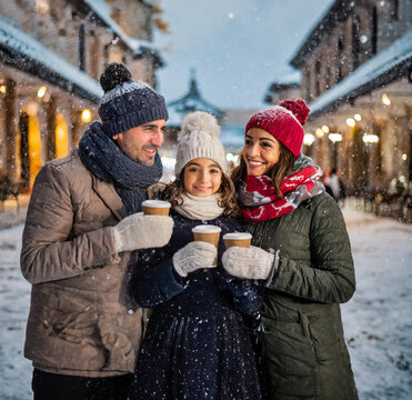 Familia disfrutando de una taza de caf&eacute; mientras cae nieve a su alrededor. Estan abrigados con gorras y bufandas de lana
