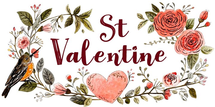Floral Typography Vintage Illustration , illustration depicting the word 'St. Valentine' with floral embellishments and a rustic background, banner, greeting card, design template