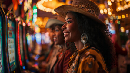 African American girl wearing a hat playing a slot machine in a casino - obrazy, fototapety, plakaty