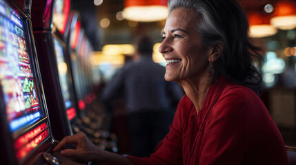 Middle aged woman playing a slot machine in a casino - obrazy, fototapety, plakaty