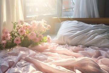 An empty crumpled morning bed with light-colored linens at home or in a hotel near the window, breakfast in bed, bright sunny morning