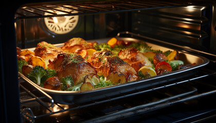 Grilled chicken, barbecue steak, roasted pork gourmet meal prepared generated by AI