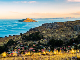 Impressive landscape on island Amantani at sunset with stepped terraced fields, Lake Titicaca, Puno region, Peru
- 708718206