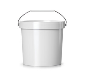 White plastic bucket with lid on a white background..