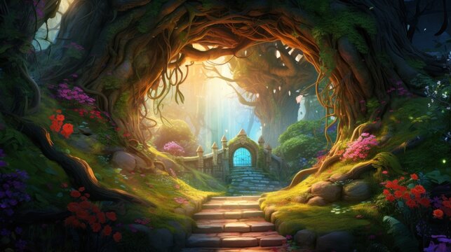 Enchanted forest pathway leading to mystical gate. Fantasy and adventure.