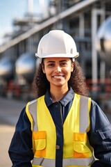 Smiling woman wearing hard hat and safety vest at industrial site