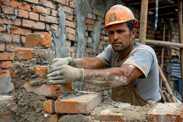 Male construction worker laying bricks at construction site. Brick mason, Construction worker installing red brick with trowel putty knife for new house building at construction site.