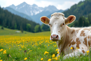 Fototapeta na wymiar Tranquil Scene of a Cow Relaxing in a Blooming Field